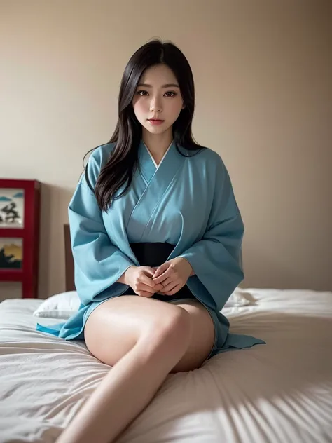 ((Prostitute))、(( Ancient Japan ))、Oiran、kimono、(((Bleaching)))、(((kimono)))、Long-sleeved kimono、(((Background Japanese Style Bedroom )))、castle town、( imaginary)、(((mattress)))、 cute、20 years old、Beauty、 best quality ,4K,8k, high definition ,masterpiece:1...