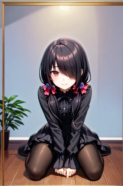 1girl, solo, kneeling, seiza, cckurumi, long hair, low twintails, hair flower, hair over one eye, hair bow, gothic, black dress, ribbon, pantyhose, slippers, sitting, smile, looking at viewer, leaning forward, indoors, living room, television, window, plan...