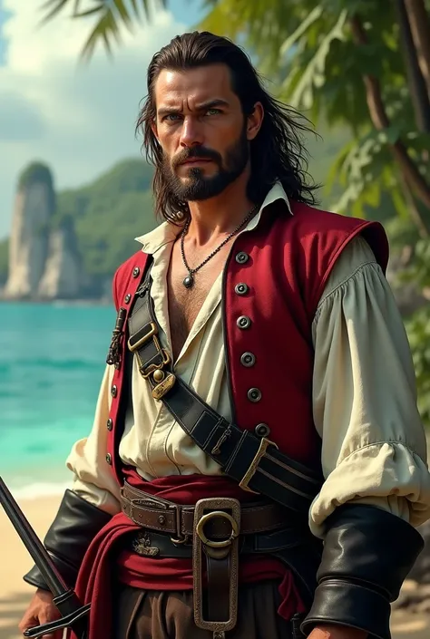 Holding a rapier an adult male pirate with long swept back brown hair, light blue eyes, stumbled facial hair, 1820s era white shirt and red vest, chest hair, holding a rapier, chest hair, 8k, cinematic lighting, island background