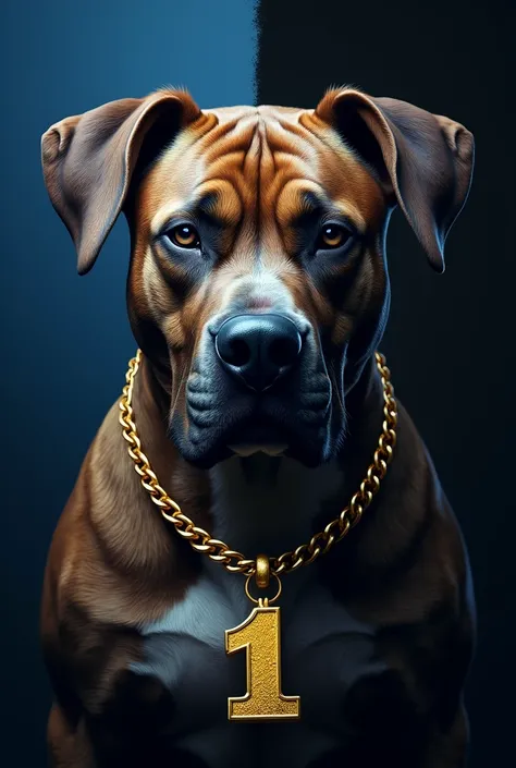 I want to create a high resolution cover art for my mixtape. The title should be UNDERDAWG, add a pit bull wearing a number 1 gold chain, make the color blue and black half of the dog’s face should be mine