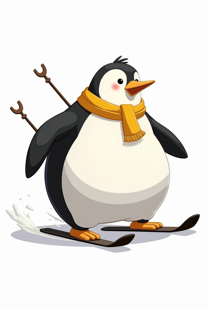 Really Fat penguin doing ski, for a logo so do it black and white maby with a little yellow, and with white background do it funny 