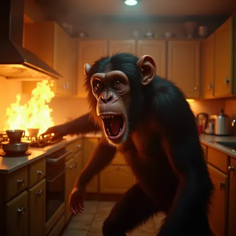 chimpanzee panicking, chimpanzee in panic, chimpanzee running, chimpanzee scared, oven on fire, kitchen on fire, flames, smoke, detailed, photorealistic, 8k, cinematic lighting, dramatic lighting, high contrast, vibrant colors, animal expression, realistic...