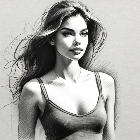 High resolution, one beautiful girl coarse croquis painted in wide charcoal, simplified in doodle style (long strokes), minimalist strokes, minimalist, Coarse but very accurate and beautiful, accurately capturing the texture.