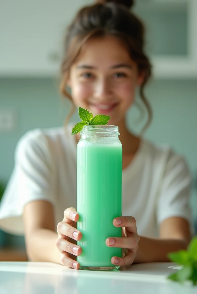 Someone holding a mintley fruit juice product 