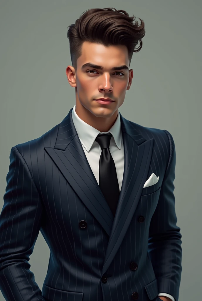 Portrait of handsome young brown lightly wavy Pompadour with fade, muscled sportsman in navy satin large pinstripe double-breasted suit, club tie, pompadour haircut