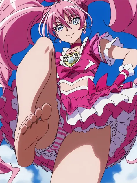 ,  show me the bottom of the foot, Step on it , barefoot,  low angle , smile, pink and white horizontal striped panties, cure melody, pink hair, twintails, very long hair, hair between eyes, braid, eyelashes, eyebrows visible through hair, blue eyes, crop ...