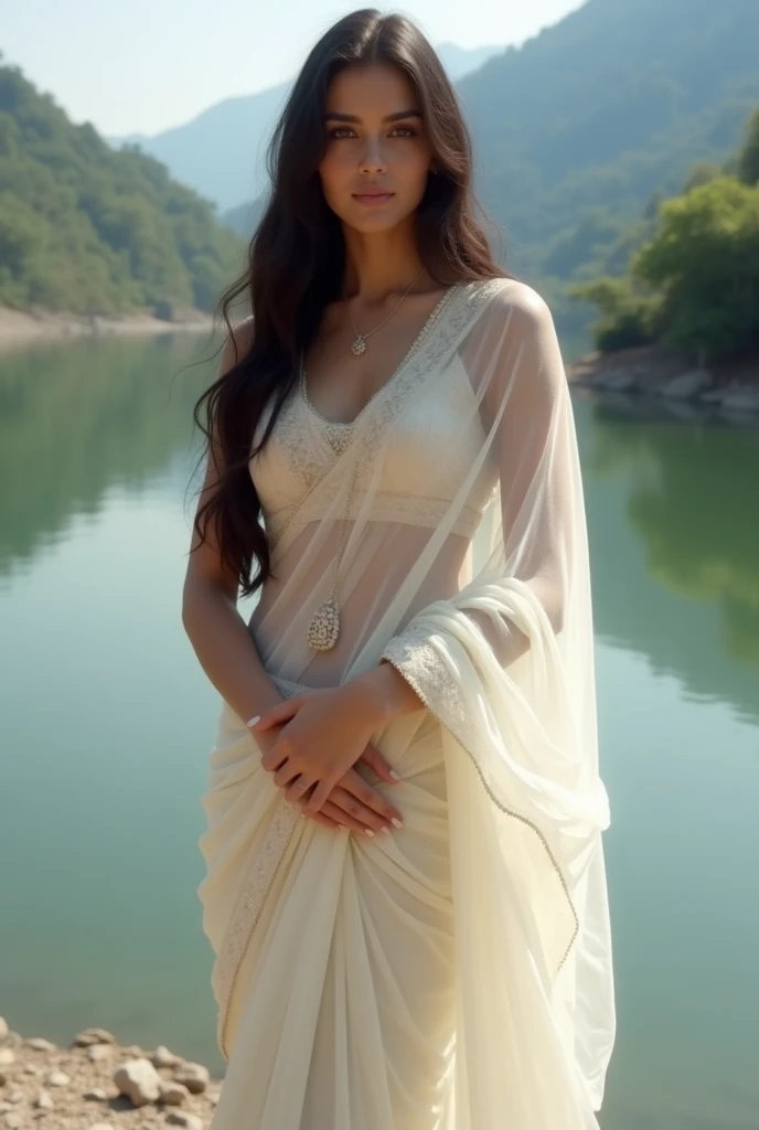 White Indian  woman wearing a transparent white saree showing her boobs near ganga river realistic image 
