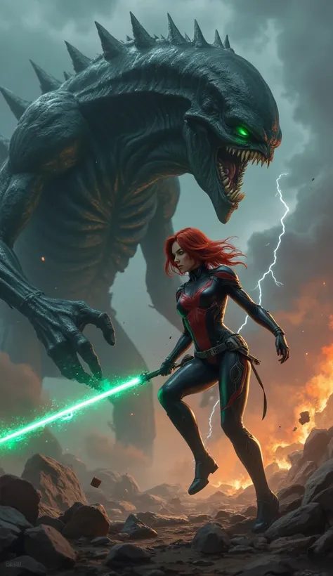  Show a very beautiful Korean woman with a mix of Black Widow and Batgirl characters ,  wearing a black-red armor costume with details of bat and spider motifs spider .  She is fighting against a huge creepy alien monster with luminous green eyes and spiny...