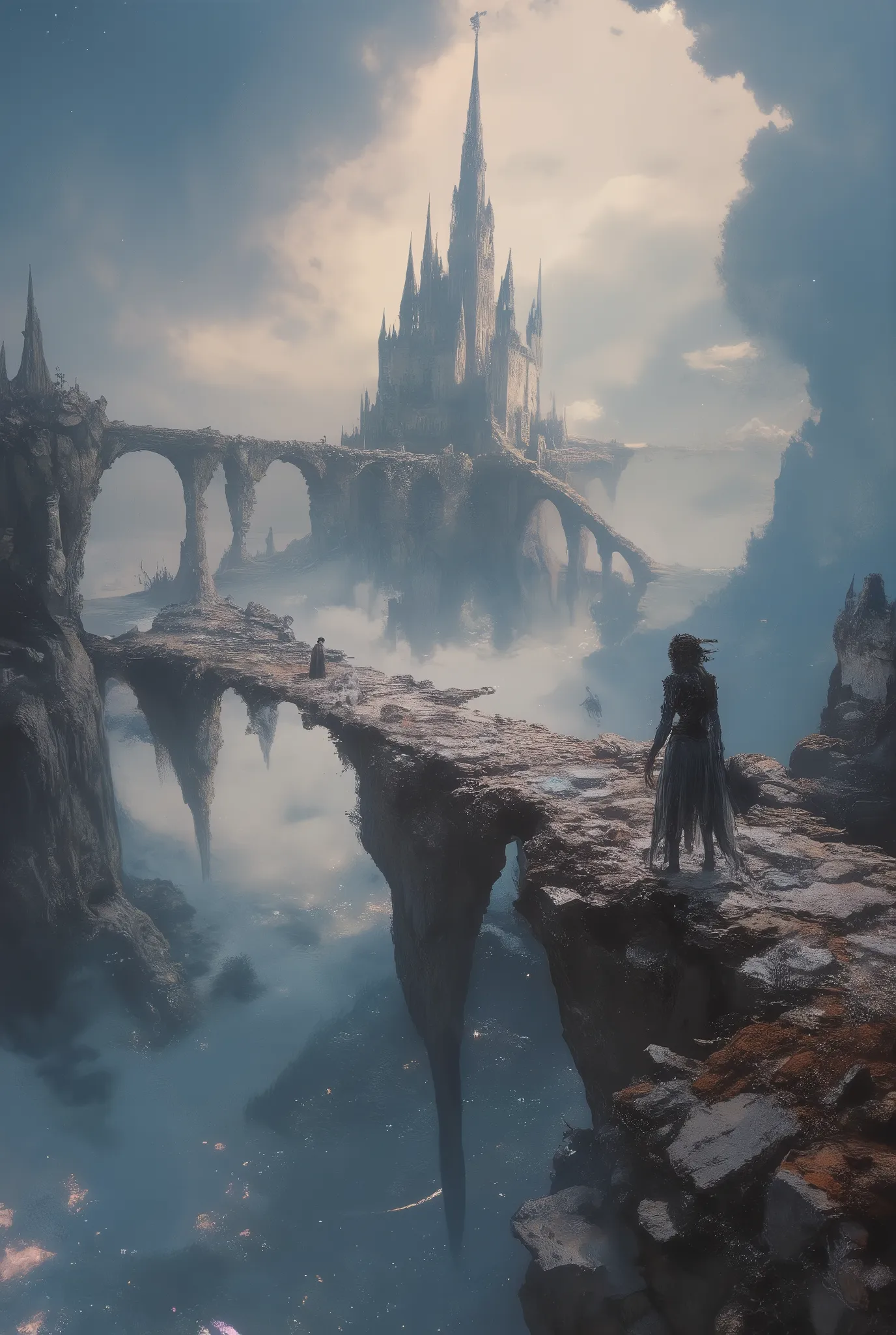 very old bridge(floating in the sky, on the verge of breaking down, stretches far away to castle from the foreground) connected to an ancient castle floating in the sky. in the very deep thick fog and very deep thick haze. Dazzling light pours down from th...