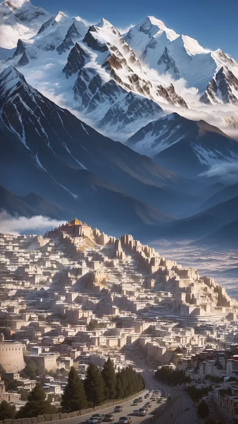 mountains in the background with cars driving on the road, mountains and a huge old city, ancient city of white stone, entire city in view, town in the background, 8 k. filling of the view, tibet, mount olympus, 4 0 9 6, 4 8 0 p, 480p, low quality video, m...