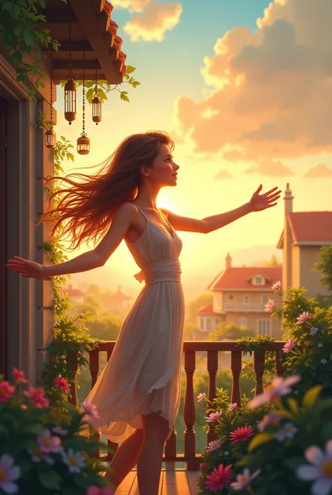 Dreamy woman on her balcony of her house, excited and enthusiastic 