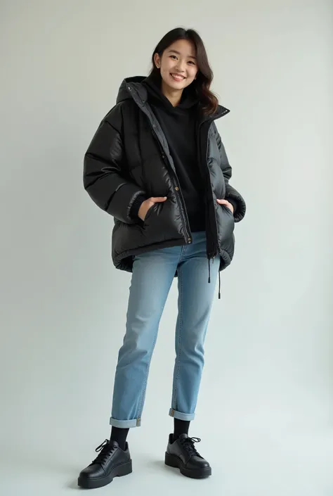 at Japanese woman、、Ear piercing、 down jacket、smile、 トレーナー、a whole body shot with a neutral background 、Skinny jeans、 Black sneakers、Black socks

