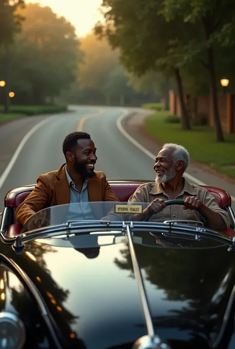 A 30 years old black guy with a nice black beard driving his old black dad laughing in a luxurious big black car at a very beautiful road with lights 