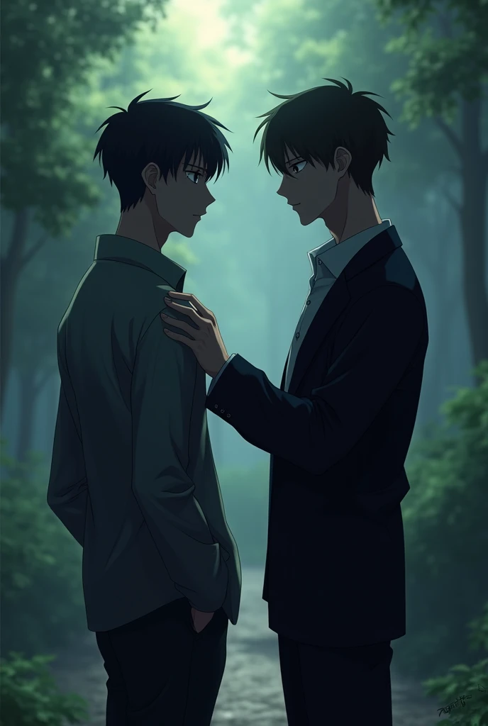 Two man standing in which lying his hand on another man shoulder. Anime Pic from back. Look cinematic and realistic k