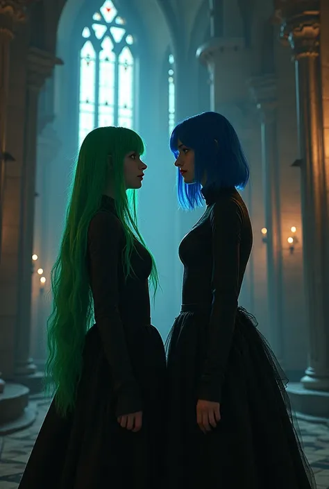 Two friends in black gathic style dressed one temple with green hair the other with a square of dark blue hair in a castle in black