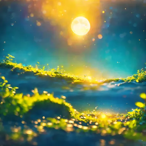 8K quality,(super masterpiece:1.3), best quality, detailed images,unmanned,moss,水moss,moon, starry sky ,background(Sunset sea,Sunset sky, gradient ).