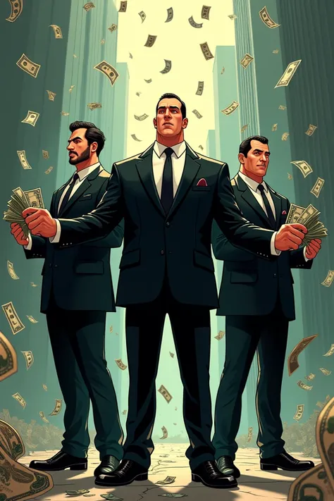 Three Mafia boss in black suits and a crisp dress shirt, a silk tie, and polished leather shoes and money falling from the sky and dey holding some cash in hand,ANIMATION DRAWING STYLE