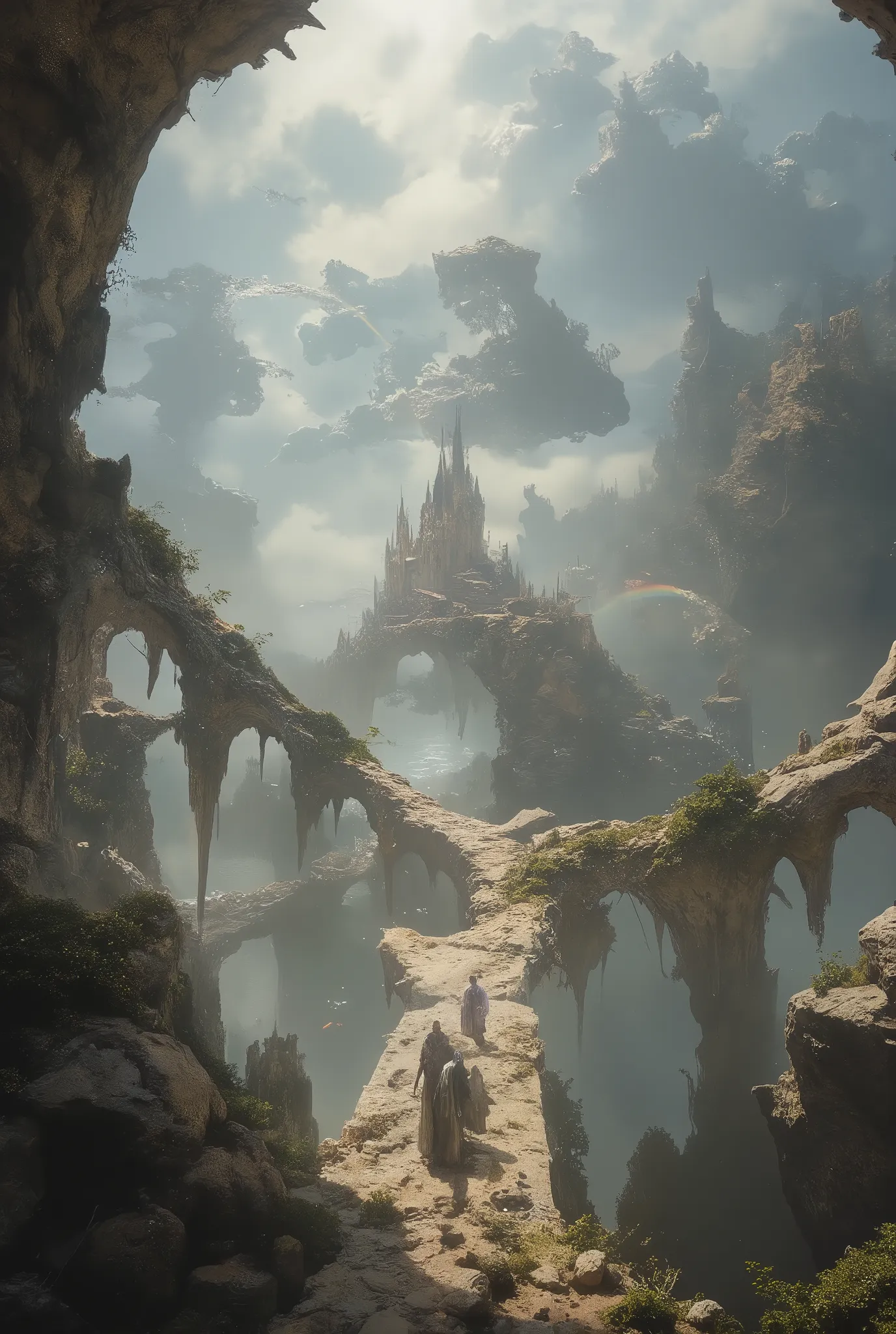 very old bridge(floating in the sky, on the verge of breaking down, stretches far away to castle from the foreground) connected to an ancient castle floating in the sky. in the very deep thick fog and very deep thick haze. Dazzling light pours down from th...