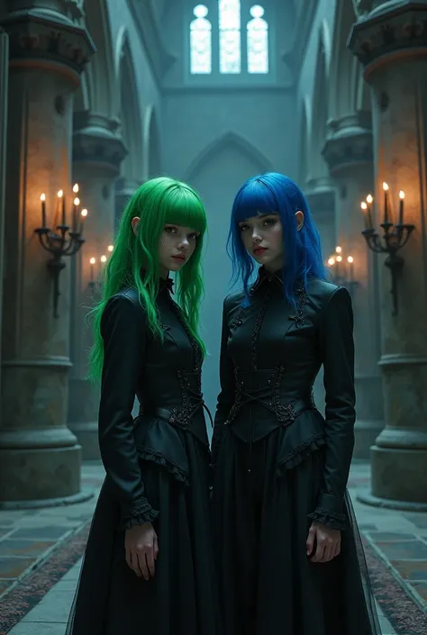 Two friends in black gathic style dressed one temple with green hair the other with a square of dark blue hair in a castle in black