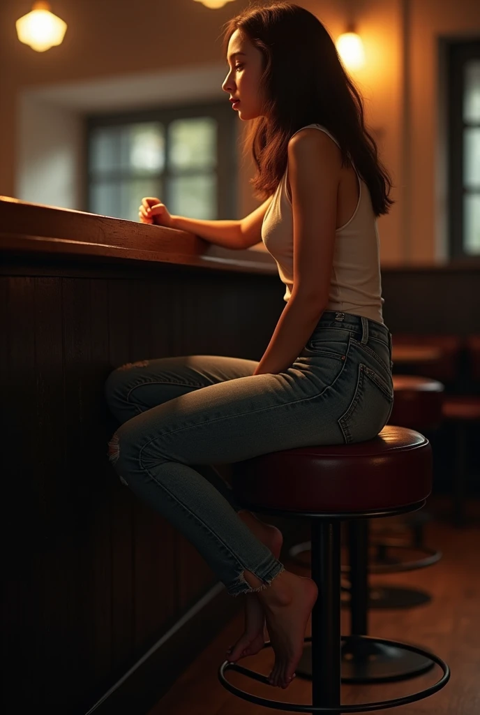 A teenager on a leather bar stool in jeans 
sitting 