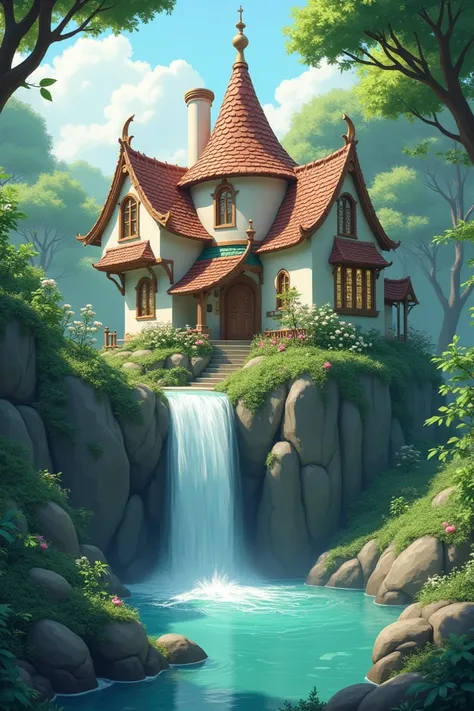 Anime-Style-Digital-Illustration-of-a-Waterfall-House-in-Luminist-Design