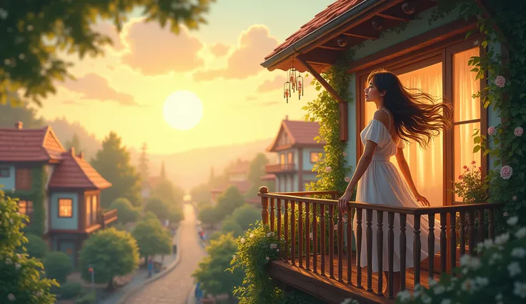 Dreamy woman on her balcony of her house, excited and enthusiastic 