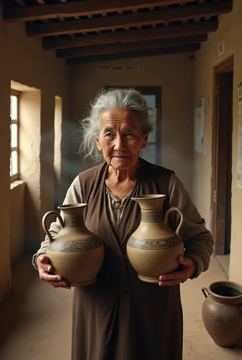 A  old woman holding two pitchers inside the house