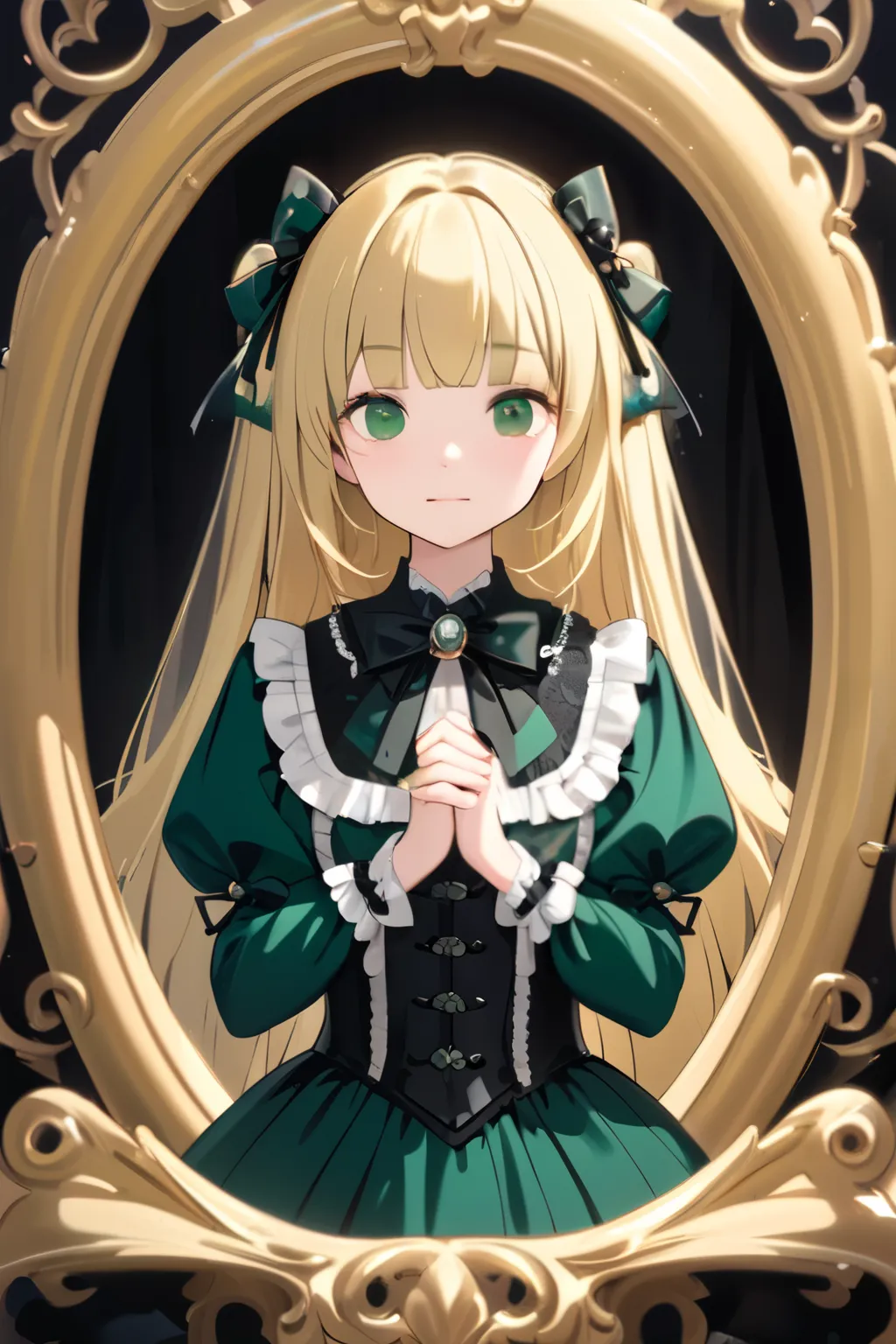 prompt: 8K resolution, delicate features, , single, unique students, shy smile, blonde, princess cut, Bow hair ornament, brooch, shiny dark green dress, lolita style, gothic style, Folded hands, facing the viewer, Otaku Room, Female imps