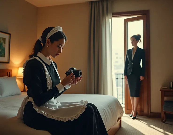 wide view. wide shot view. European-looking maid sits on a bed in a hotel room and looks at a panasonic v380 camera in her hands. Show the whole room and the maid in full height. from another side of room door opened and entering busuness womain in black s...