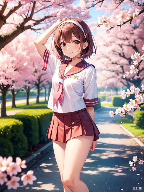 4K quality,cute,Brown Eyes,Brown Hair,20-year-old female,solo, small breasts,Japanese sailor suit and miniskirt, wear a pink hair band, long short hair,smile, Blurry Background ,Spring cherry blossom trees,