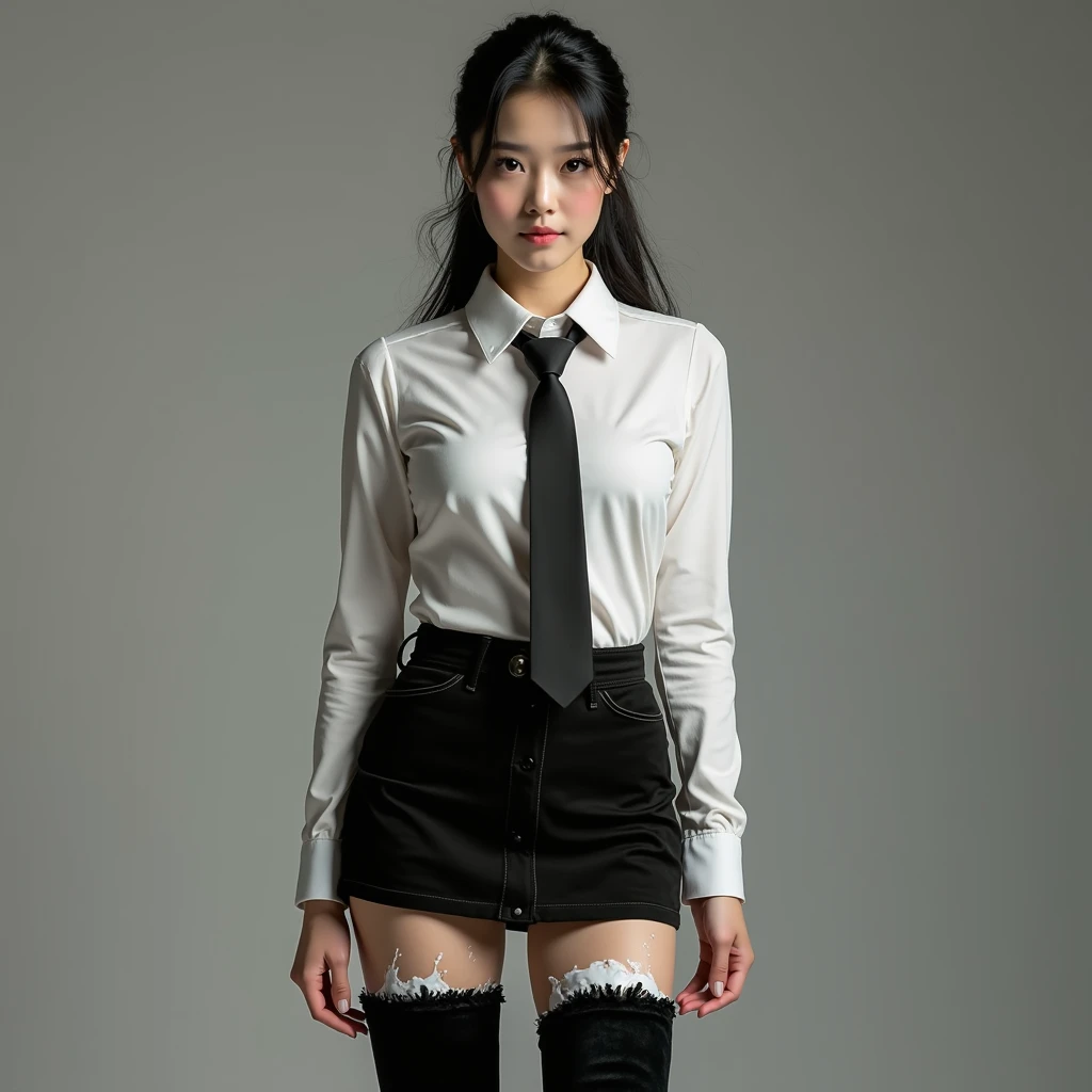 Picture a Korean woman wearing black suede thigh-high boots filled with white, sticky, and disgusting liquid, and wearing a short black skirt. The face is very beautiful, has a black ponytail, a slim, white shirt, and a black tie.