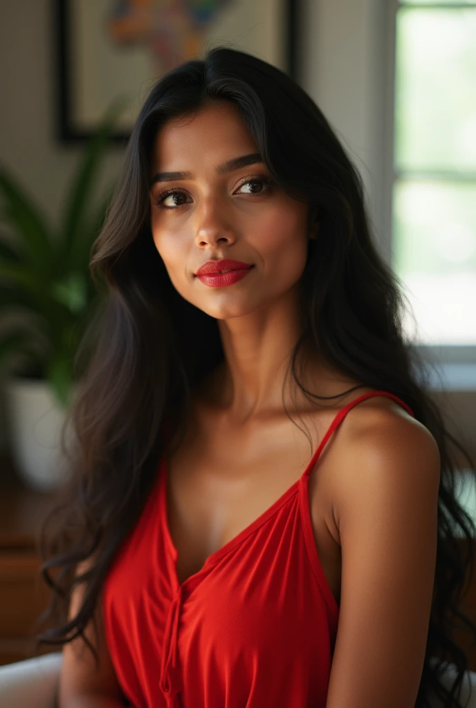 "A indian girl with long, flowing dark black hair, wearing a vibrant red sleeveless top, sitting near a bright window. She has subtle, natural makeup, red lipstick, and a confident yet calm expression. The lighting is soft and enhances her glowing skin ton...