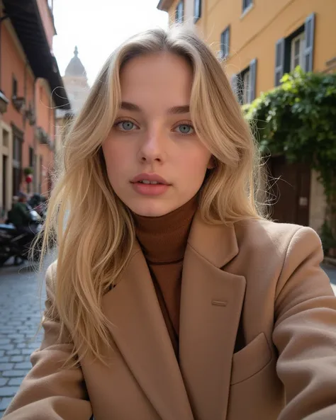 A sexy 19-year-old Italian girl with long, golden blonde hair styled in loose waves that fall over her shoulders, and striking light blue eyes fixed directly on the camera for a selfie. Her glowing, flawless skin is highlighted by the soft winter sunlight....