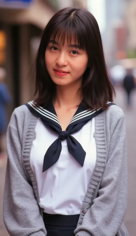 (((Mika, 1girl, solo, all body))), 8k, raw photo, perfectly focused, best focus, realistic skin texture, masterpiece, highest quality, photorealistic, school uniform, cardigan, in a downtown