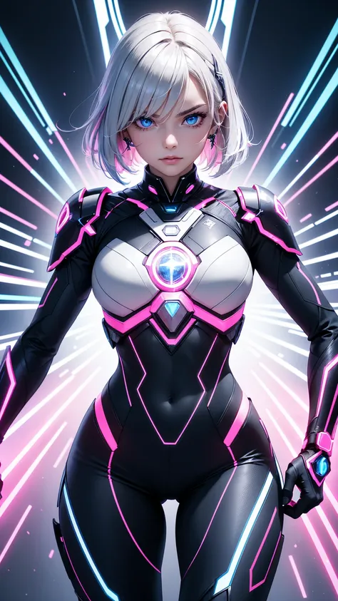 A portrait of Alina, a young and agile hero from the agency. She has short silver hair with streaks of pink, sharp blue eyes, and wears a sleek, futuristic combat suit with glowing energy lines. Alina has a confident expression and wields a pair of energy ...