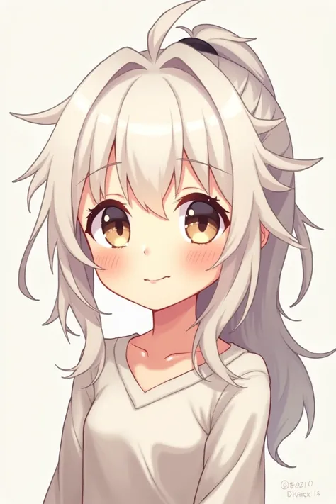 Front view of a 2D anime-style girl 、 smiling with her long white hair in a tousled ponytail 