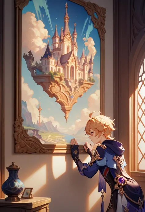 Genshin style, small curved loli, official artwork, a painting hanging on the wall, gorgeous wall, golden splendor, CG, art