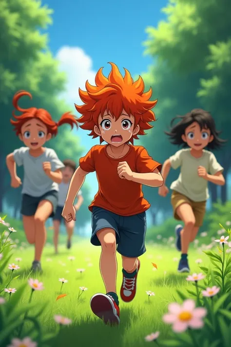 Anime boy with curly red hair running with his friends while crying