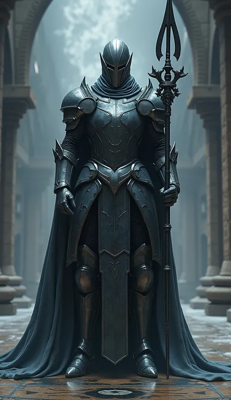  Imagine a knight in metallic gray armor ,  with an opaque surface that reflects light in a dark way ,  as if it had been forged in the depths of a black hole . The armor is composed of rigid plates,  but with an almost liquid fluidity ,  mixing shades of ...