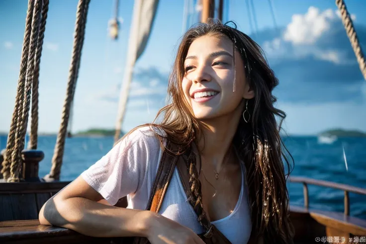 (((Aerial photography))), (((Pouring rain))), 2025 calendar cover, 23 year old beautiful Japanese female pirate,  Beautiful Women: 1.54, Beautiful female pirate standing on the deck of an old sailboat pirate ship。 pictures of super beautiful and cute Japan...