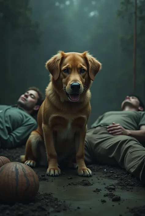 caramel dog with a mouth , the couple who owned it dead in the background