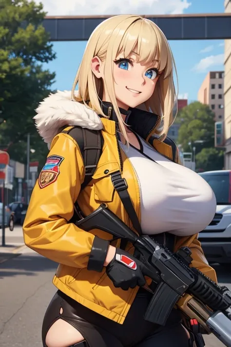 Busty, giant boobs, armored, gun, jacket, happy, Crossed Bangs, 