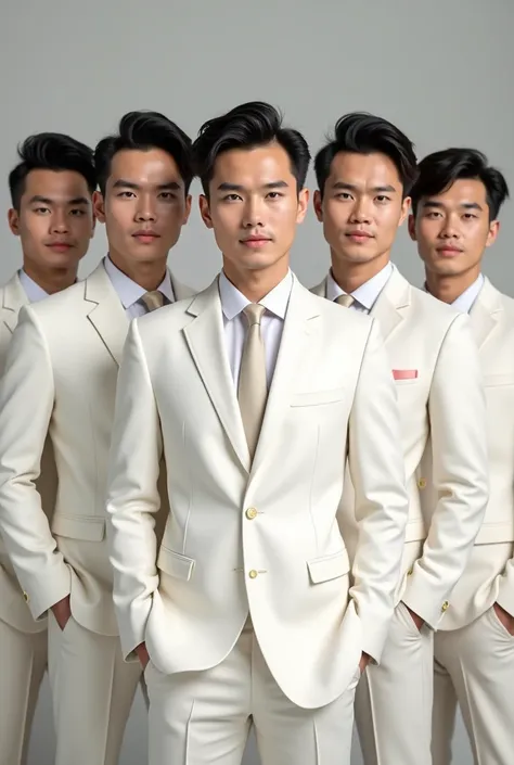 Six handsome white-skinned Indonesian men, wearing white jackets 