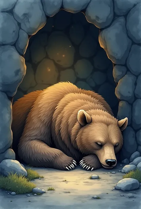 Water color style ilustration of a realistic bear sleeping in his cave lair at night