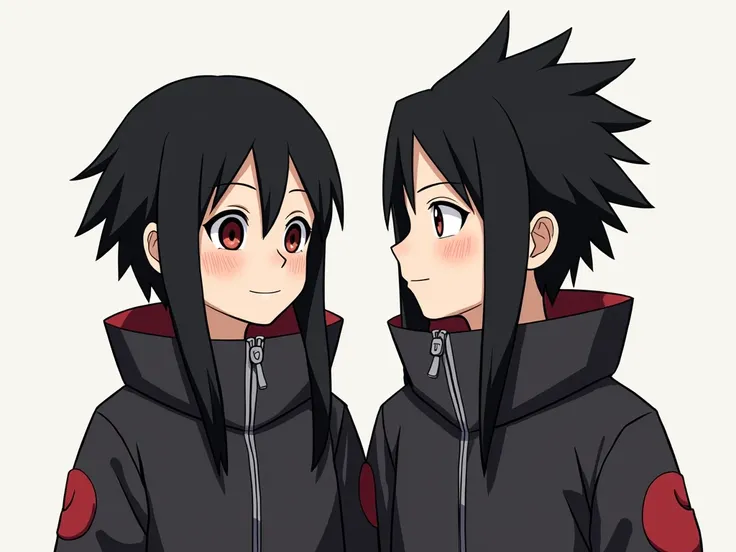 "Deux jumeaux dans lunivers de Naruto avec la peau de leur corps noir et des cheveux noirs. Le garçon a les cheveux courts, et la fille a de longs cheveux attachés. Ils ont des yeux marron et portent des tenues de jeunes ninjas