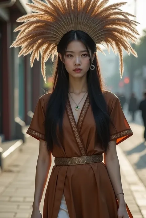 Stylish photography, Beautiful Korean Women, elegant long black hair, brown short-sleeved shirt with brocade trim, slit skirt and bronze belt, minimalist jade jewelry, wearing a massive feathers crown, staring intently, in the street, ultra realistic,detai...