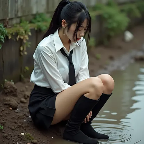 Picture a Korean woman with a very beautiful face in long black suede boots, a black ponytail, and a slim, white shirt, black tie, and short black skirt being raped while her legs are drowned in mud