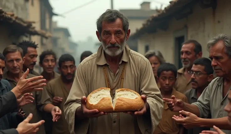 A scene of a simple person breaking a piece of bread and sharing it with a group of people in need, with realistic details of peoples emotional expressions