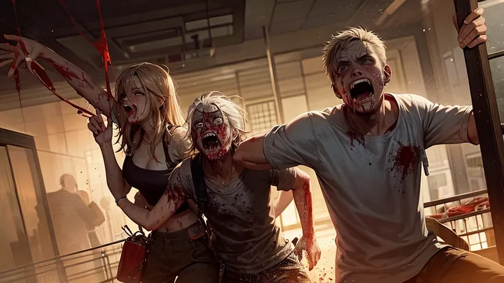 Survivors flee zombies in hospital. Zombies in blood