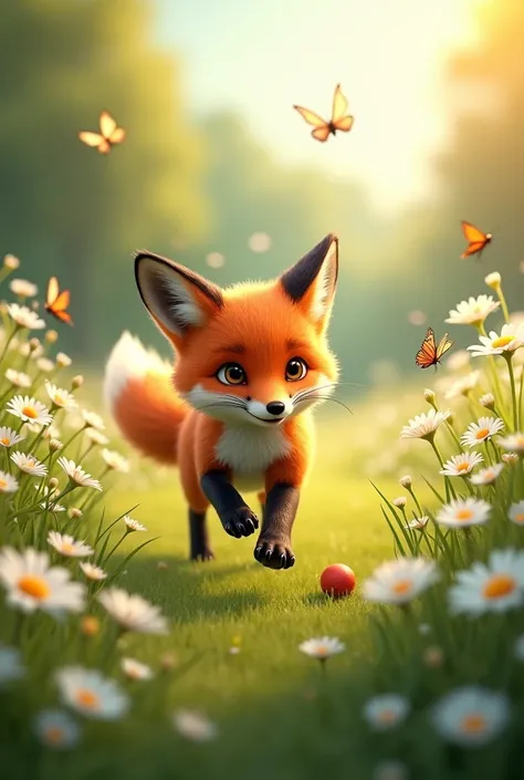  A fox in the clearing plays with a ball around a green field with daisies,  butterflies fly  , Dragonfly, grasshoppers are jumping and the sun is shining  